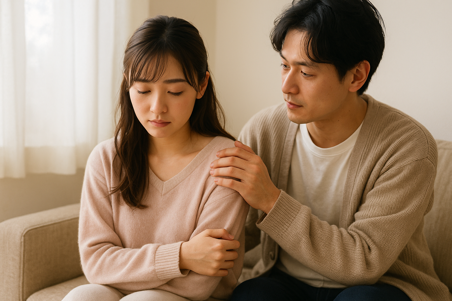 思い悩む女性と寄り添う男性