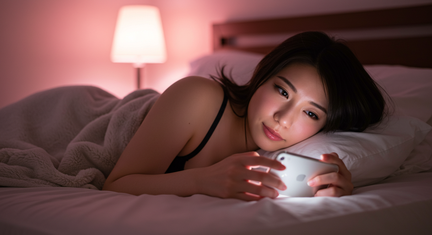ベッドに寝転がり、スマホでアダルト動画を見ている女性のイメージ